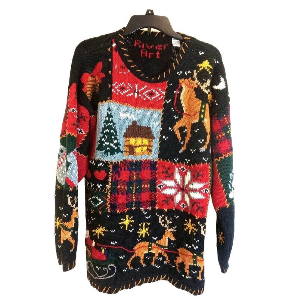 River Art Sweater X-Mas Theme Womens Size M Multicolor Cottagecore Winter